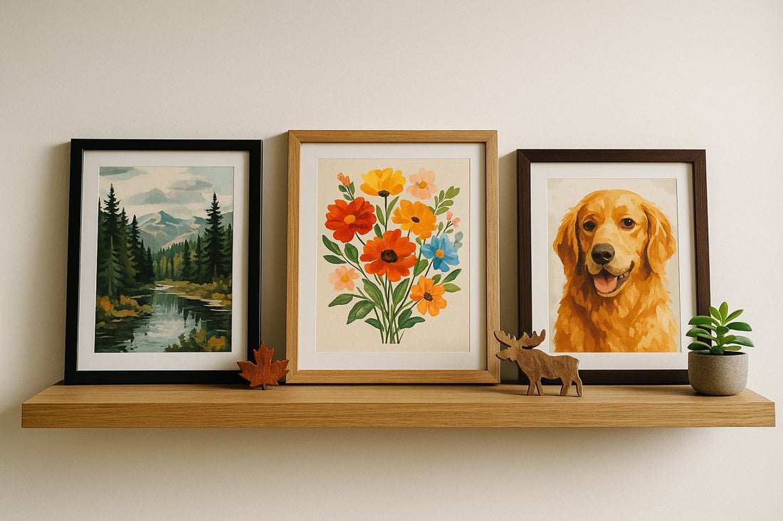 Framed paint by numbers artwork displayed on a wooden shelf featuring a landscape, floral bouquet, and golden retriever portrait with Canadian-themed decor