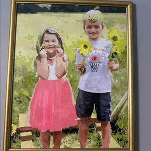 A picture of 2 kids inside a paint by numbers painting hanging on a wall.