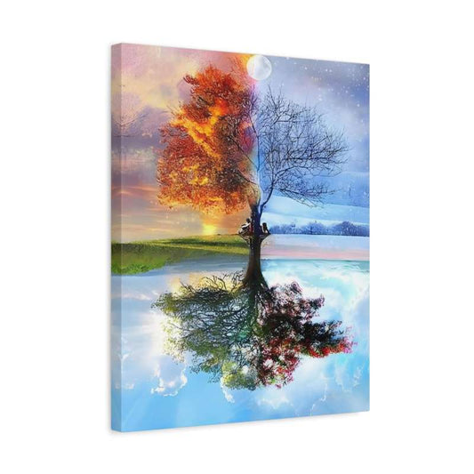 Tree showing all four seasons with mirrored reflection – 4 Seasons Paint By Numbers Kit Canada shown in a frame