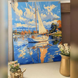 Paint By Numbers Canvas kit in Canada showing a beautiful lake scene with boat.