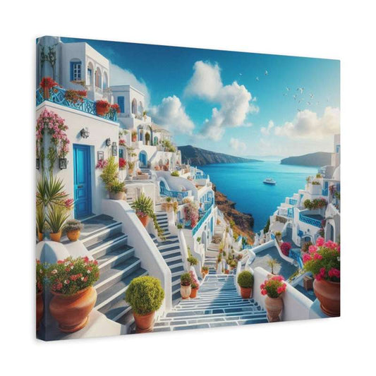 Aegean Steps Stairway Paint By Numbers Kit showing a sunlit Greek stairway lined with flowers and overlooking the blue ocean shown in a frame