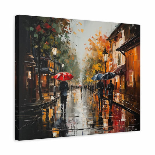 A rainy autumn street scene with glowing street lamps, people walking with umbrellas, and golden leaves reflecting on wet cobblestones, shown in a frame