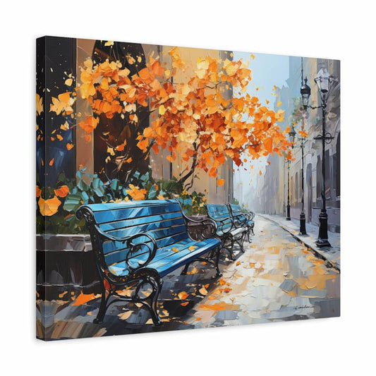 Paint by numbers kit of a quiet autumn street with orange leaves and blue benches shown in a frame