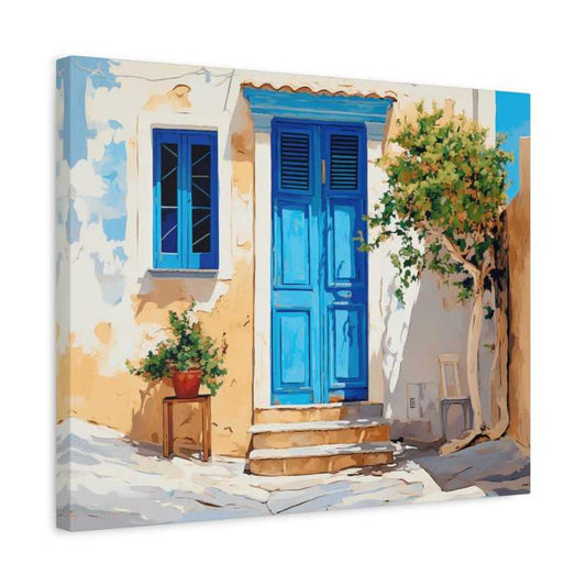 Azure Escape Paint By Numbers painting featuring a vibrant blue Mediterranean-style door with surrounding warm-toned walls, potted plants, and gentle shadows shown in a frame
