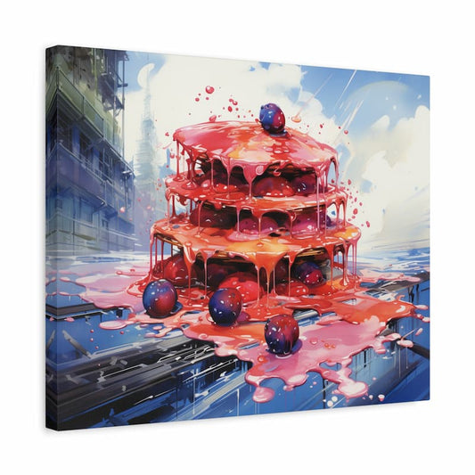 A surreal dripping berry cake with glossy icing set against a cityscape background shown in a frame