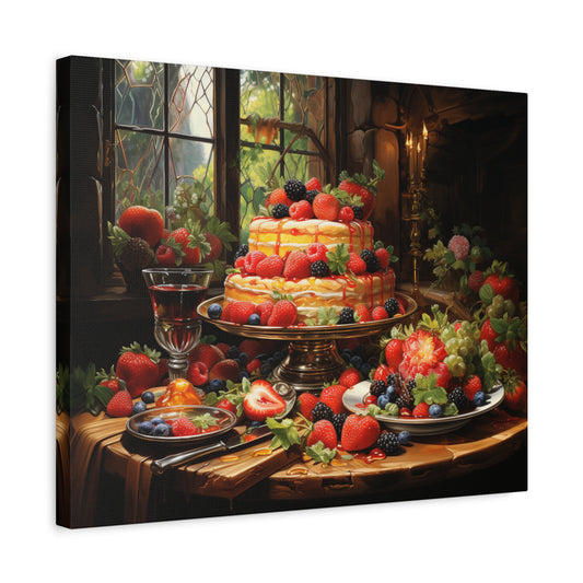 A layered cake topped with berries surrounded by fruit, wine, and candlelight in a rustic setting shown in a frame