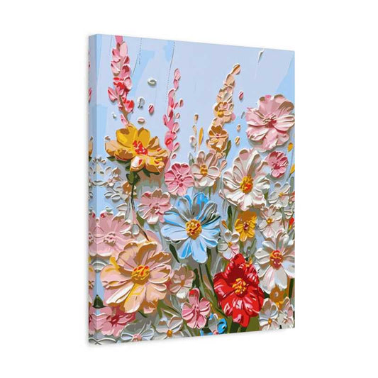 Bloom Rhapsody Paint By Numbers kit featuring vivid white, pink, yellow, red, and blue 3D textured flowers in a lively pastel scene, perfect for Canadian artists Shown in a frame