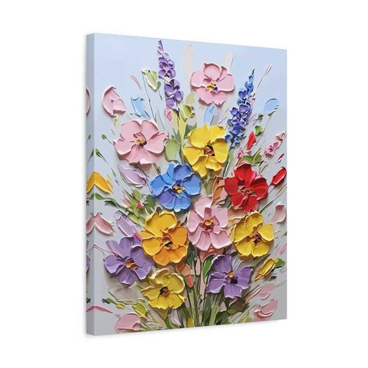 Blossom Jubilee Paint By Numbers kit showcasing vibrant yellow, pink, purple, red, and blue textured flowers blooming joyfully against a pastel background, perfect for Canadian artists shown in a frame.