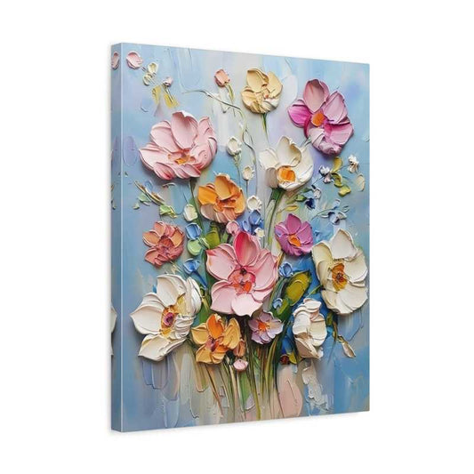 Blossom Symphony 3D Flowers Paint By Numbers painting featuring layered pastel pink, yellow, ivory, and violet flowers with sculpted texture on a soft blue background shown in a frame