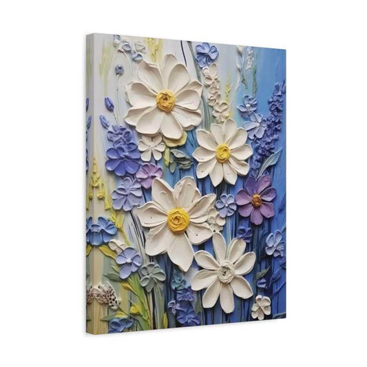 Artwork showcasing white daisies with yellow centers, surrounded by textured blue and purple wildflowers on a soft gradient background, shown in a frame.