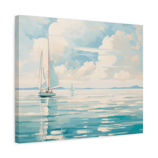 Serene Voyage Paint By Numbers featuring a peaceful sailboat gliding across calm blue waters under a soft, cloudy sky, ideal for Canadian painting enthusiasts shown in a frame