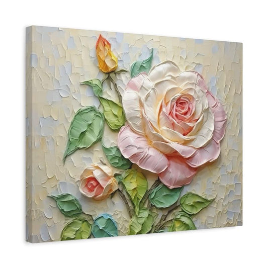 Blushing Rose Charm Paint By Numbers kit featuring a soft pink and cream textured rose with fresh green leaves, perfect for floral art lovers across Canada shown in a frame