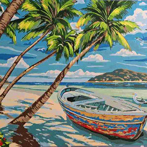 Colorful painting of a tropical beach scene with a boat, palm trees, and an island.
