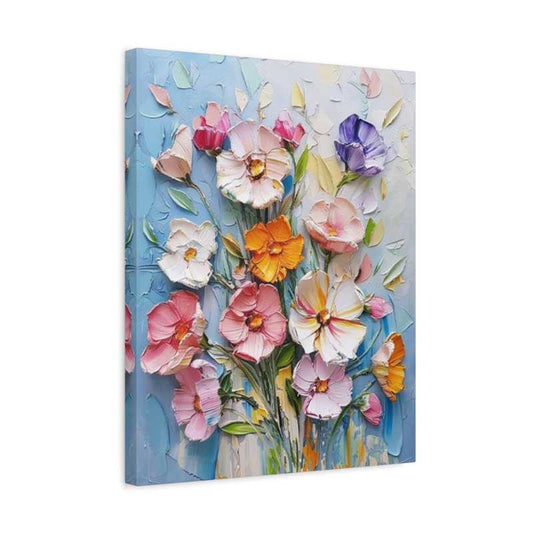 Breeze in Bloom Paint By Numbers kit featuring lively pink, white, orange, yellow, and purple 3D textured flowers blooming against a soft blue pastel background, perfect for Canadian artists shown in a frame