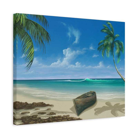 Paint By Numbers artwork of a tranquil beach with gentle waves, palm trees, and a boat on the shore, designed for Canadian relaxation and creativity shown in a frame
