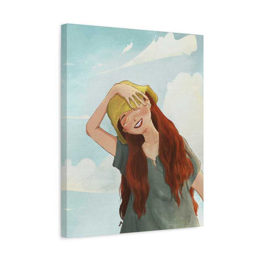 Paint By Numbers artwork of a cheerful young woman in a yellow hat smiling joyfully under a soft blue sky with light clouds, a lighthearted and relaxing design shown in a frame.