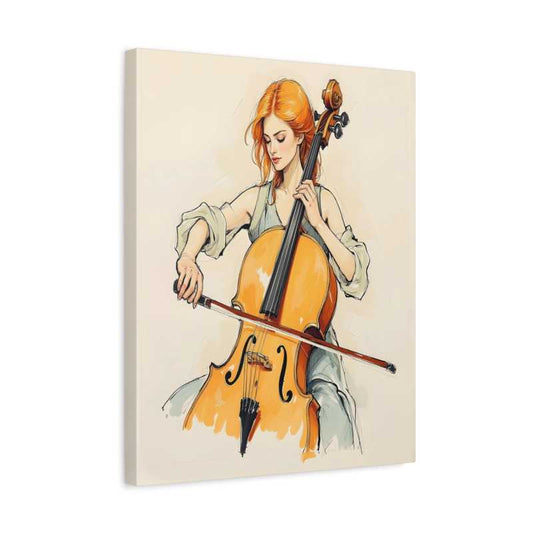 Minimalist illustration of a woman playing a cello with closed eyes and soft focus, painted in warm tones, ideal for Paint By Numbers fans in Canada shown in a frame
