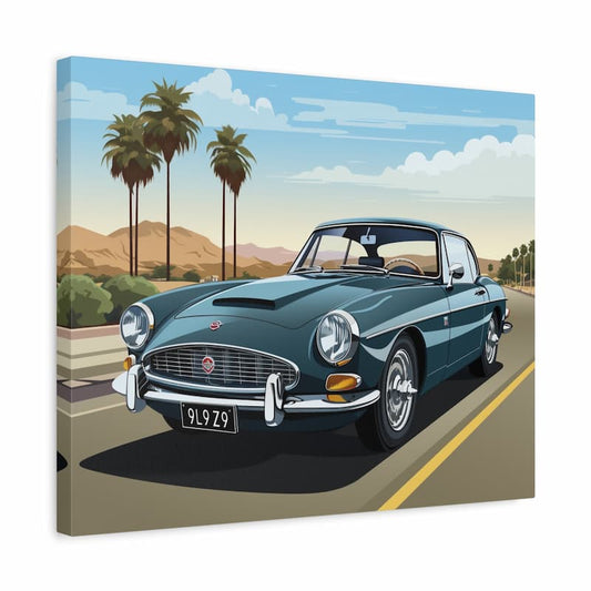 A Paint by Numbers artwork of a teal-blue vintage car driving on a desert highway lined with palm trees and mountains in the background, shown in a frame