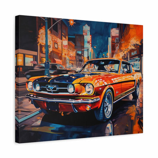 Paint by numbers kit of a classic Ford Mustang in bold colors against a glowing city night backdrop shown in a frame