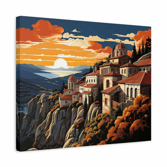 Paint by numbers artwork of a monastery with terracotta rooftops on a clifftop at sunset, overlooking mountains and sea shown in a frame