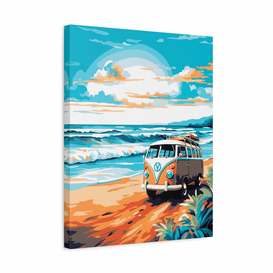 Coastal Escape Ride Paint By Numbers featuring a classic orange and blue van parked by the beach with crashing waves and a scenic blue sky shown in a frame.