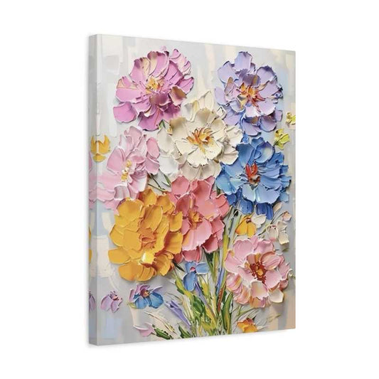 Color Bloom Sonata Paint By Numbers kit featuring bold pink, yellow, white, blue, and purple textured flowers blooming in a lively pastel bouquet, perfect for Canadian artists, shown in frame.