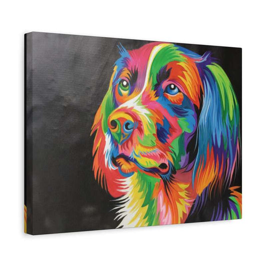 Colorful abstract art of a dogs face with vibrant colors shown in a paint with numbers kit Canada with theme pop art pet portrait colorful DIY art shown in a frame
