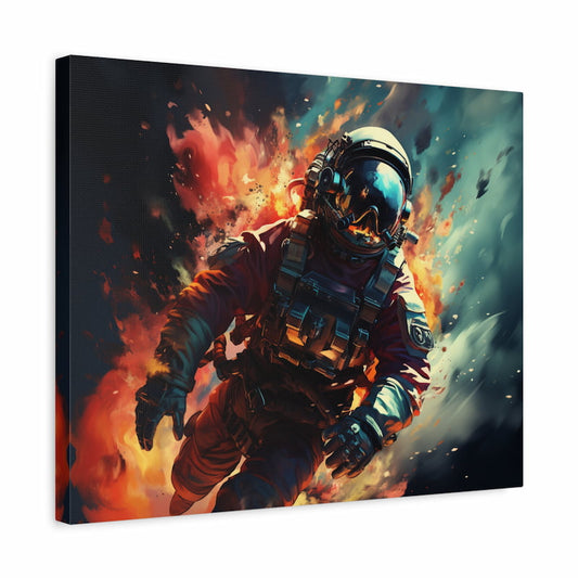 Paint by numbers artwork of a lone astronaut in a burning suit surrounded by fire and smoke, symbolizing courage, resilience, and cosmic adventure shown in a frame