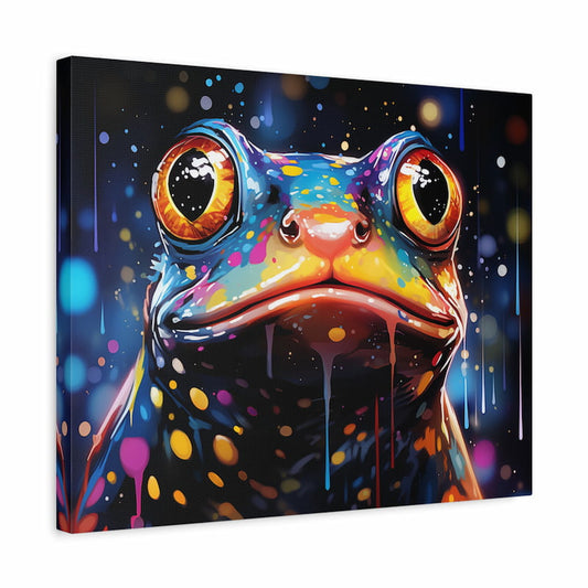 Paint by numbers artwork of a neon cosmic frog with glowing orange eyes, dripping bright paint splashes in surreal galactic colors shown in a frame