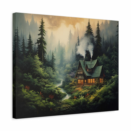 Paint by numbers kit of a glowing cabin in a misty evergreen forest with smoke rising from the chimneys shown in a frame