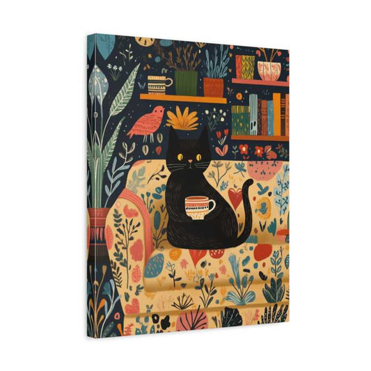 Cozy Whiskers Paint By Numbers Kit showing a black cat holding a tea cup on a sofa in a cozy abstract setting shown in a frame