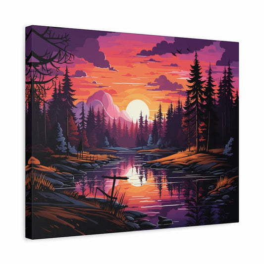 A vibrant forest sunset with a glowing orange and purple sky reflected in a calm lake surrounded by pine trees shown in a frame