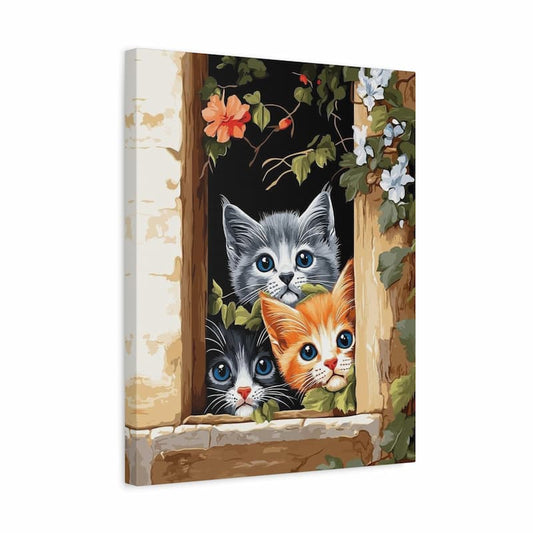 Three curious kittens peeking from a rustic window with vines and flowers shown in a frame