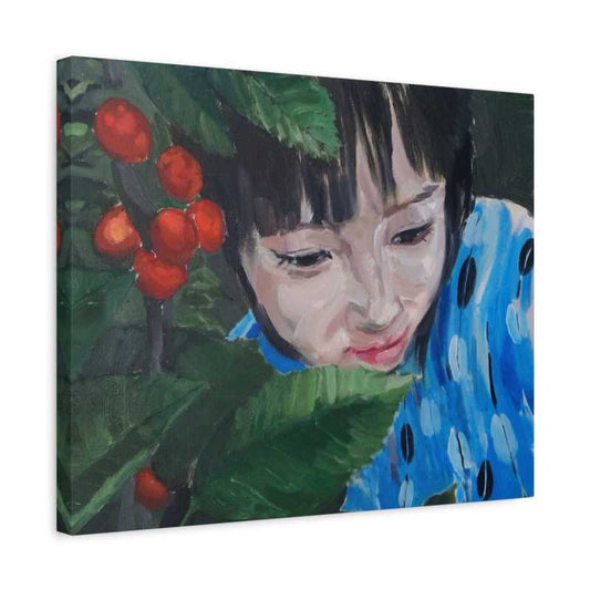 Paint By Numbers artwork of a young girl in a blue dress peering through green leaves and red berries, captured with soft brushstrokes and natural emotion shown in a frame.