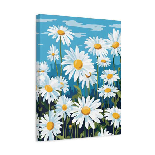 Daisy Whispers Paint By Numbers painting showing a cheerful field of white daisies with golden centers under a serene blue sky, perfect for floral art lovers shown in a frame.