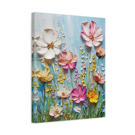 Dancing Daisies 3D Flowers Paint By Numbers painting featuring sculpted pink, yellow, and white daisy-like flowers in a vibrant spring field against a light blue textured background shown in a frame