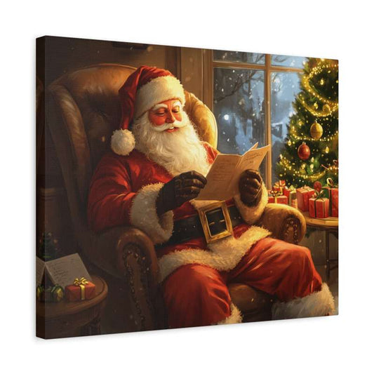 Dear Santa Paint By Numbers Kit featuring Santa Claus reading a letter by a glowing Christmas tree in a cozy, snow-filled holiday setting shown in a frame