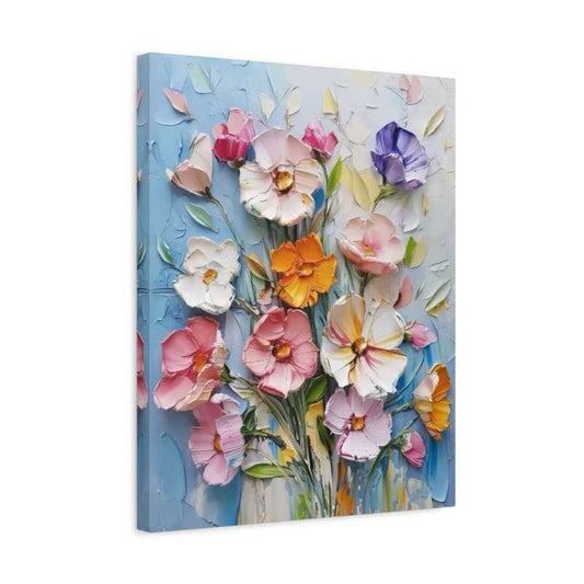 Delicate Petals 3D Flowers Paint By Numbers painting showcasing sculpted pastel flowers in pink, orange, ivory, purple, and yellow tones on a soft blue background shown in a frame