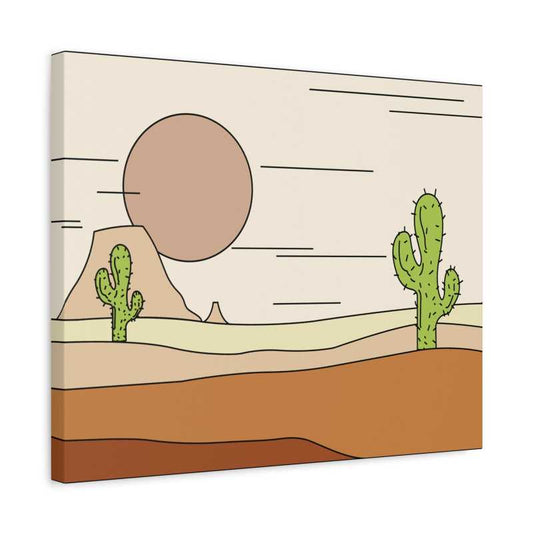 Minimal desert scene with soft earthy tones, two green cacti, a warm sun, and layered hills, designed for Paint By Numbers fans in Canada shown in a frame