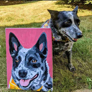 Dog standing next to a painted portrait of itself on a pink background