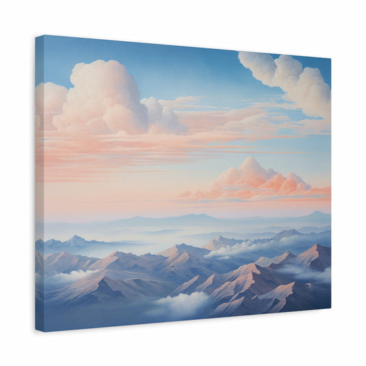 Misty mountain peaks under a pastel pink and blue sky with soft glowing clouds shown in a frame.