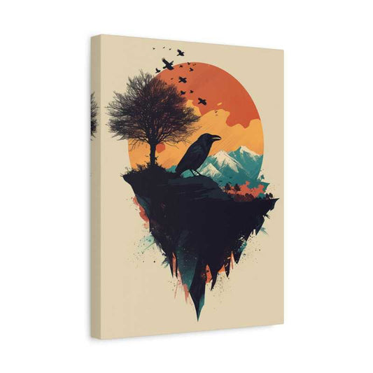 Abstract raven on a floating cliff with sunset mountains and silhouetted tree, captured in surreal paint by numbers style for artistic hobbyists in Canada in a frame
