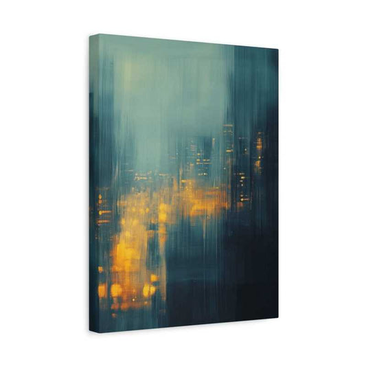 Modern abstract paint by numbers canvas featuring blurred blue and teal brushstrokes with glowing amber city lights, evoking a rainy evening skyline shown in a frame