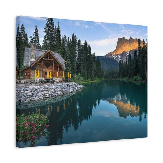 Emerald Lake Paint By Numbers painting of a wooden house beside a lake shown in a frame