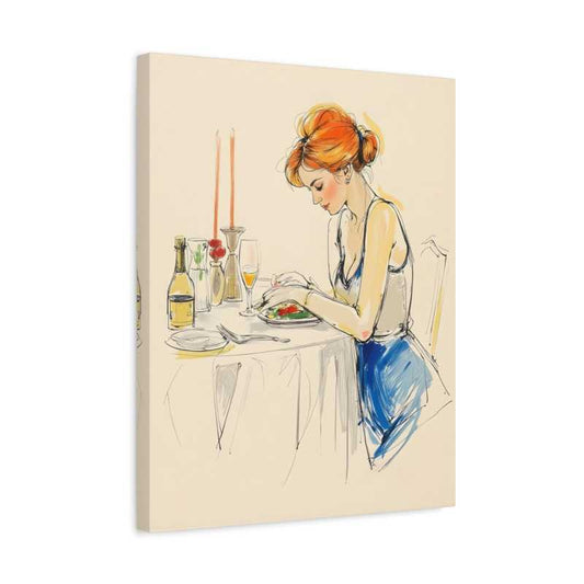 Minimalist illustration of a red-haired woman dining alone at a candlelit table with wine and food, ideal for Paint By Numbers artists in Canada in a frame