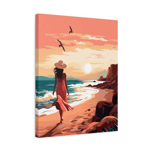 Evening Stroll Paint By Numbers showing a woman in a flowing dress walking along a sunset beach, with ocean waves, cliffs, and birds in a tranquil coastal scene shown in a frame