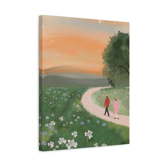 Paint By Numbers artwork of a couple walking on a flower-lined path at sunset, surrounded by stars, soft clouds, and clover fields, romantic and peaceful shown in a frame