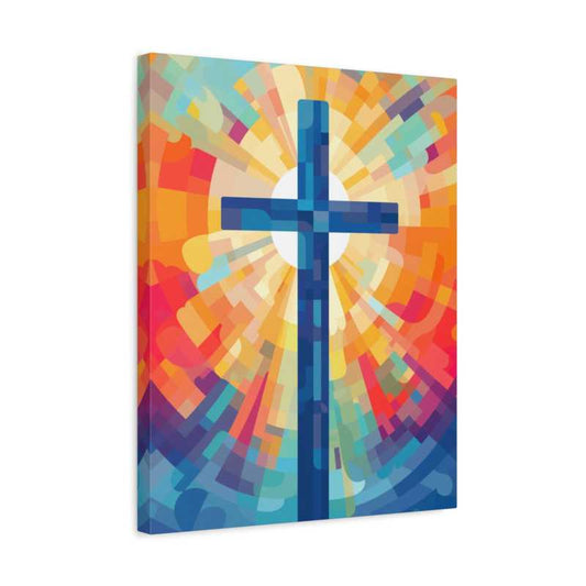 Faith Paint By Numbers painting showing a vibrant blue cross surrounded by a radiant sunburst of abstract colors symbolizing spiritual hope and light shown in a frame