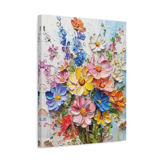 Festival of Blooms Paint By Numbers kit featuring vibrant pink, yellow, blue, orange, red, and white 3D textured flowers in a dynamic, festive bouquet against a light pastel background, perfect for Canadian artists shown in a frame.