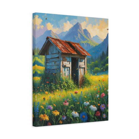 Rustic Paint By Numbers landscape of a wooden shed in a field of wildflowers, with distant mountains and golden light completing the countryside scene shown in a frame - Field & Timber Paint By Numbers.